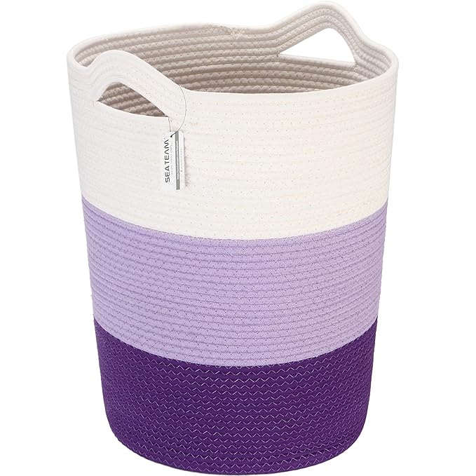 Sea Team Large Size Cotton Rope Woven Storage Basket with Handles, Laundry Hamper, Fabric Bucket, Drum, Clothes Toys Organizer for Kid's Room, 20 x 14 inches, Round Open Design, White & Purple