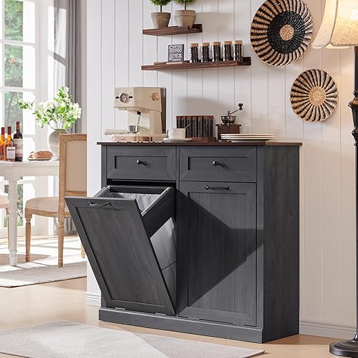 Double Tilt Out Trash Cabinet, 20 Gallon Farmhouse Laundry Hamper Cabinet with 2 Drawers, Hidden Wooden Trash Can Cabinets with Storage Basket for Kitchen, Living Room (Dark Grey)