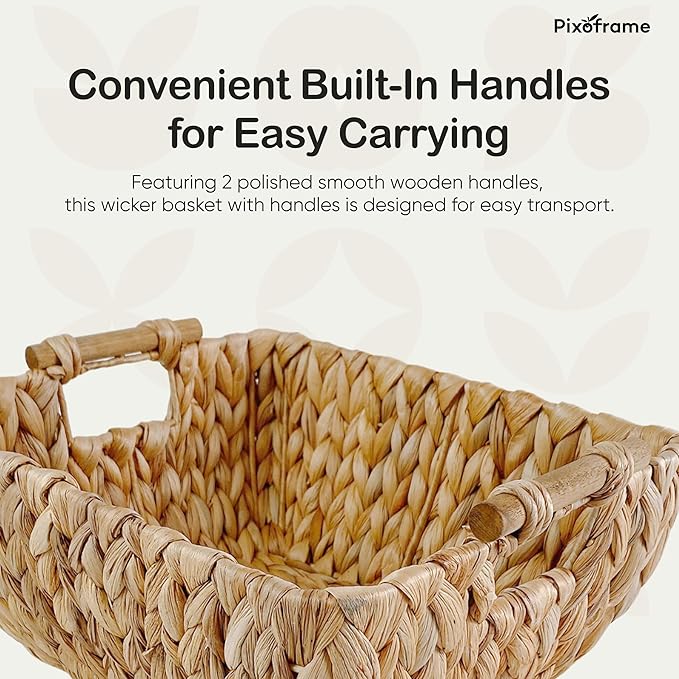 Medium Rectangular Handwoven Wicker Basket - Water Hyacinth Storage Baskets with 2 Polished Wooden Handles for Store Hand Towel, Fruits & Veggies etc – 10.75"x15.25"x5" - Pack of 2 - Natural