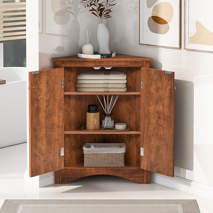 GDFStudio 31.5" H Triangle Corner Bathroom Storage Cabinet with Adjustable Shelves,Freestanding Floor Cabinet for Small Spaces,Water-Resistant Cabinet Modern Organizer for Home,Kitchen,Hallway, Brown