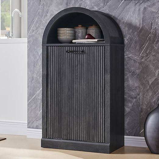 Arched Tilt-Out Trash Can Cabinet, Fluted 10 Gallon Trash Can with Open Shelf, Modern Laundry Hamper Cabinet, Hidden Garbage Can with Storage Basket for Kitchen, Living Room, Dark Grey