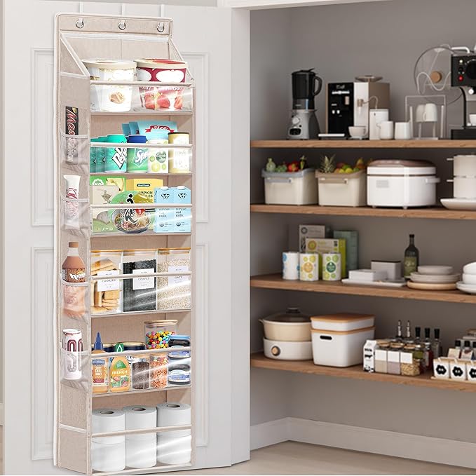 Over Door Organizer with 6 Extra Large Pockets 12 Side Pockets, Sturdy Closet Storage Rack, Hanging Storage Organizer with Clear Window for Shoes, Diapers, Toys, Bedroom, Bathroom, Beige