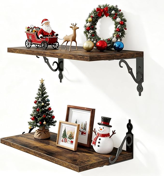 16 Inch Deep Floating Shelves for Wall, 8 Inch Deep Floating Shelf with Bracket, Wall Shelves 16 Inches Long, Wide Display & Storage Shelves for Living Room, Bathroom, Bedroom, Rustic Brown, Set of 2