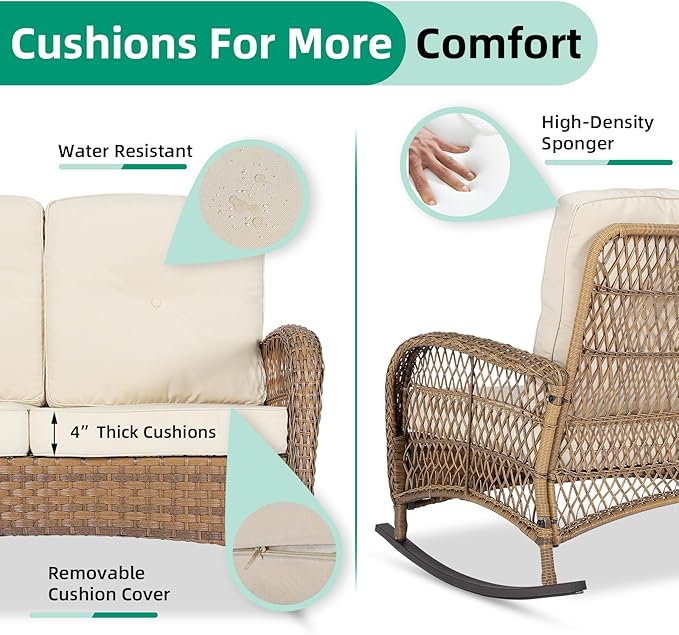 VIVIJASON Outdoor Wicker Loveseat Rocking Chair, 2-Person Patio Rattan Double Rocker Sofa with Thick Cushions, All-Weather Loveseat Rocker for Porch, Backyard & Garden