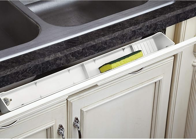 Rev-A-Shelf 30" Tip-Out Plastic Sink Tray for Kitchen and Bathroom Base Cabinets, Large Pullout Vanity Shelf Home Organizer, White, LD-6591-30-11-1