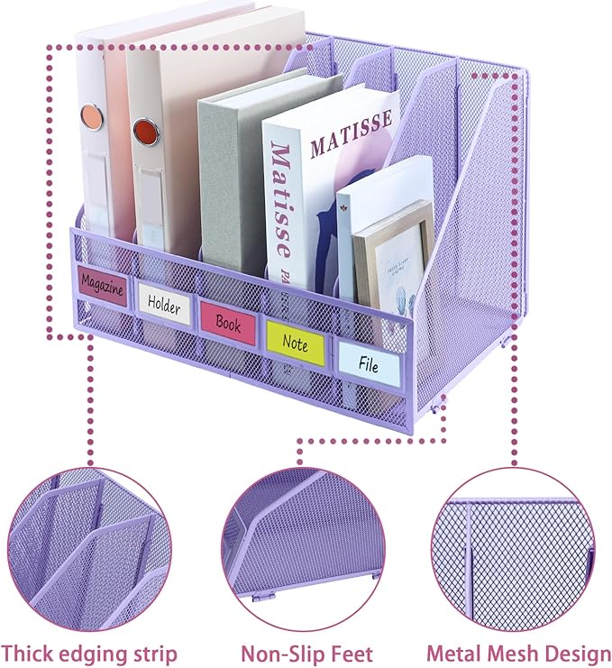Desk Organizers, Metal Magazine File Holder with 5 Vertical Compartments Rack Binder File Organizer for Office Supplies, Home Workspace - Purple