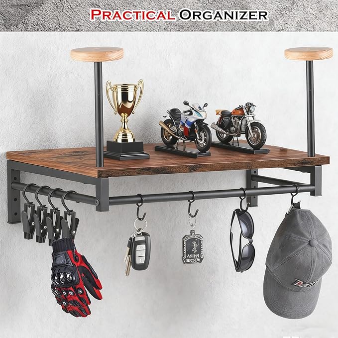 Motorcycle Helmet Holder Wall Mount, Gear Storage Rack with 4 Glove Clips, Wood and Metal Helmet Stand
