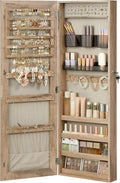 SONGMICS Mirror Jewelry Cabinet Armoire, Wall or Door Mounted Jewelry Storage Organizer, Hanging Lockable Frameless Mirror Cabinet with 2 Cosmetic Organizers, Christmas Gift Idea, Toasted Oak Color