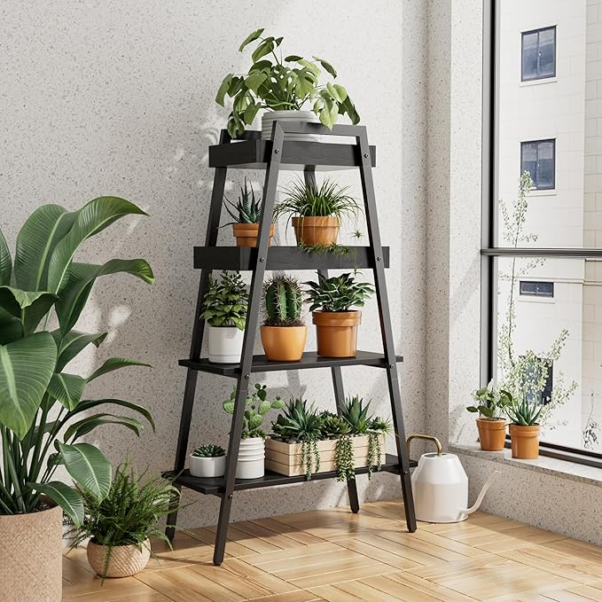 VECELO Ladder Shelf, 4-Tier Bookshelf with Enclosed Edges Design, Wooden Storage Rack Freestanding Bookcase for Living Room Home Office, Black