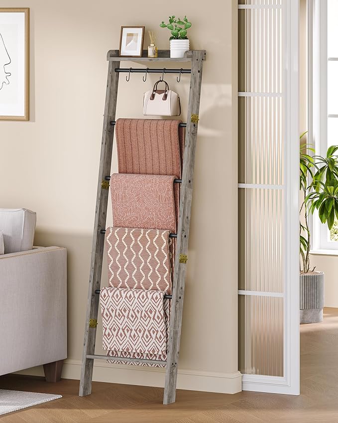 Blanket Ladder Shelf, Decorative Quilt Rack, 7-Tier Farmhouse Ladder Holder Organizer with 4 Removable Hooks, Greige BR36805B