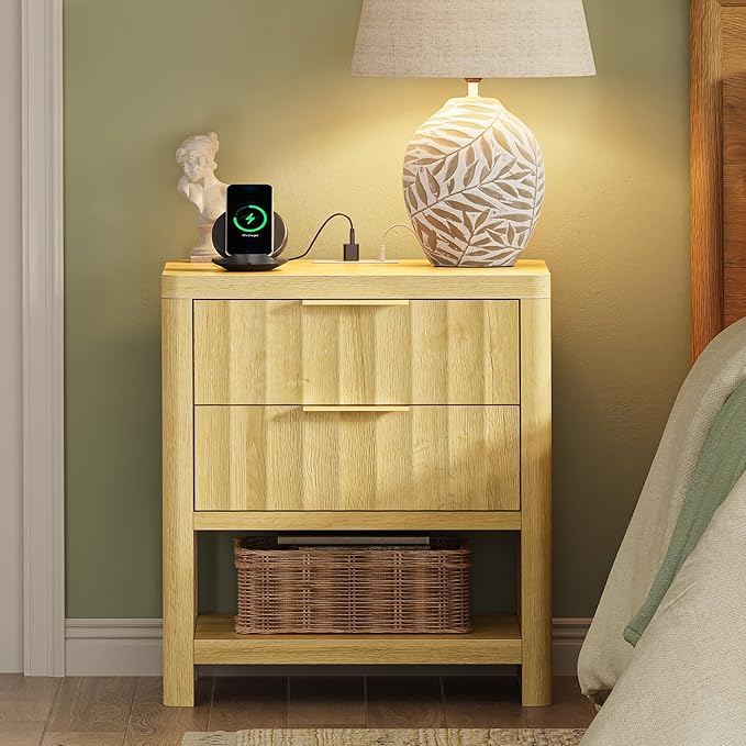 Huuger 27.6 Inch Tall Night Stand with Charger Station, USB-C Port, Fluted Nightstand with 2 Deep Drawers, Larger Wider Bed Side Table with Open Shelf, Bedroom Living Room End Table, Natural Wood