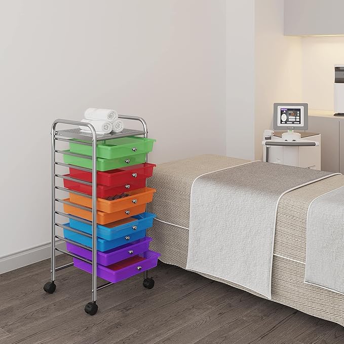 Yaheetech 10 Drawer Cart Rolling Plastic Storage Cart and Organizer Multipurpose Mobile Rolling Utility Storage Organizer for Home Office School and Workshop, Multicolor