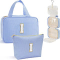 YOOLIFE Travel Toiletry Bag for Women - Hanging Toiletry Bag Initial Makeup Bag, Portable Toiletries Cosmetic Bag, Airplane Travel Essentials - Letter I, Blue