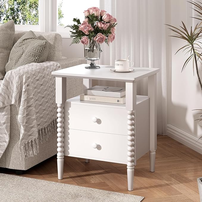 White Night Stand Set 2, Vintage Nightstand with Charging Station, Modern Bedside Table with 2 Drawers, End Table with Solid Wood Legs, Bed Side Tables for Bedroom, White