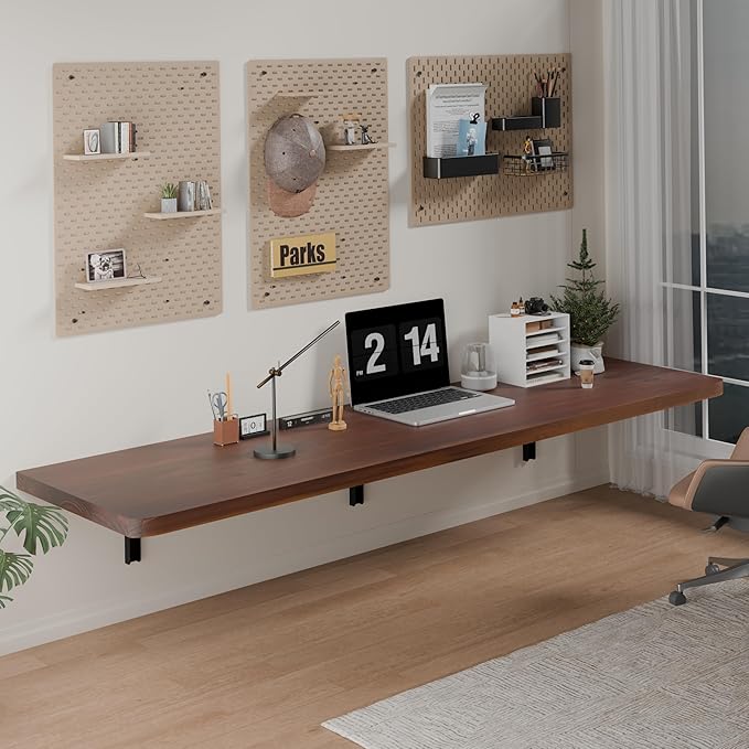 IAE Wall Mounted Folding Table with Pine Wood,60" x 16" Floating Wall Desk,Laundry Folding Table with Shelf Brackets,Fold Down Desk Shelf,Folding Workbench for Home,Dining,Laundry Room,Kitchen,Brown