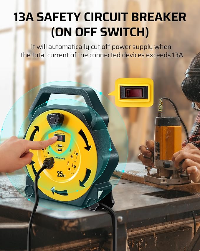 DEWENWILS Cord Reel with 4 Power Outlets, 2-USB Ports(3.4A Fast Charge), 25FT Retractable Extension Cord Reel, Heavy Duty SJTW 16/3 Cable, 13A Circuit Breaker, Hand Wind, UL Listed