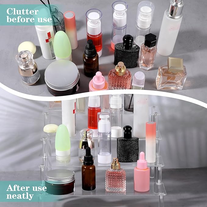 2 Pack 4 Tier Acrylic Display Risers, Clear Perfume Organizer, Clear Risers for Display Cupcake, Cosmetics, and Collectibles (11.8 x 10.2 x 7.8 inch)
