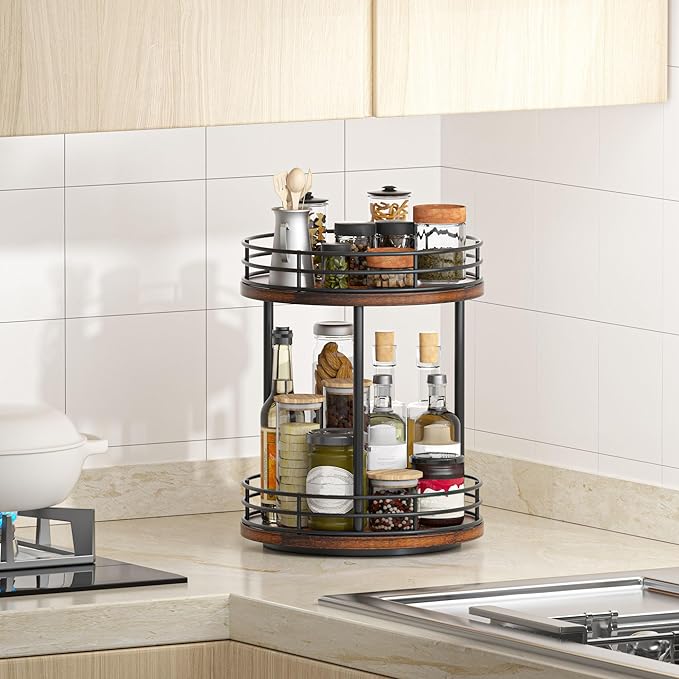 Bathroom Organizer Countertop,2 Tier Rotating Makeup Organizer Countertop for Vanity,Wooden Bathroom Counter Storage Shelf,Vanity Tray for Perfume,Skincare,Cosmetic