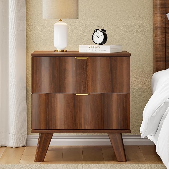 Nightstand, Bedside Table with 2 Drawers and Metal Handles, Sofa Side End Table with Storage for Bedroom, Living Room, Entryway (Walnut)