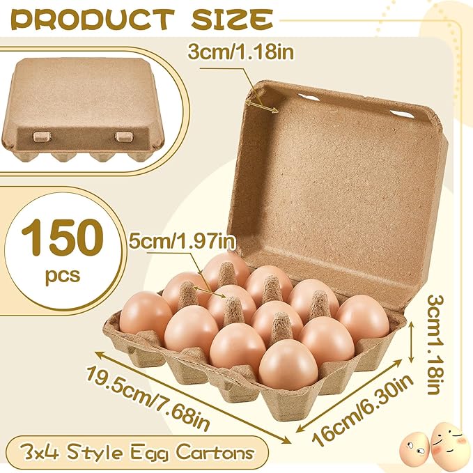 Rtteri 150 Pieces Paper Pulp Egg Cartons 3x4 Style Vintage Blank Egg Cartons for Fresh Duck Quail Storage Kitchen Family Farmhouse