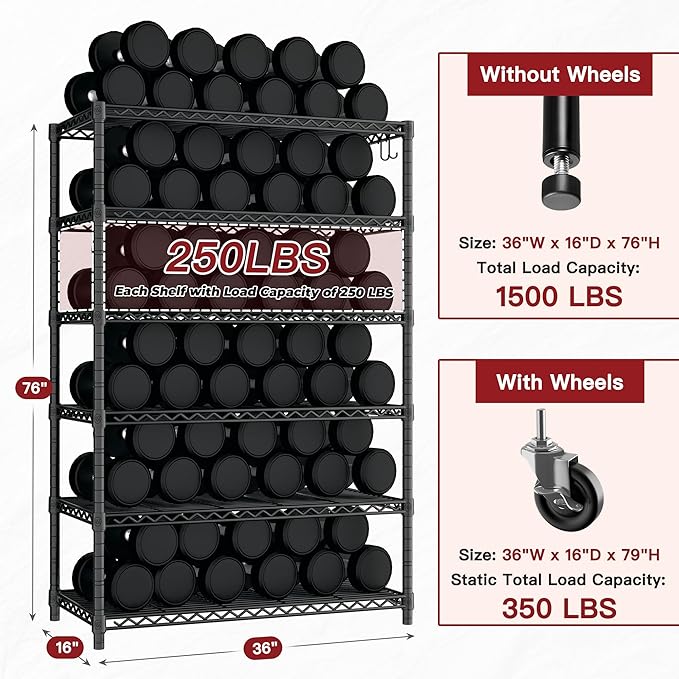 PrimeZone 6 Tier Wire Shelving with Wheels 79''H 1500lbs Storage Shelves NSF Certified Heavy Duty Steel Metal Shelf Adjustable Rolling Rack Kitchen Garage Closet Pantry Laundry 79''HX36''WX16''D 3Pcs