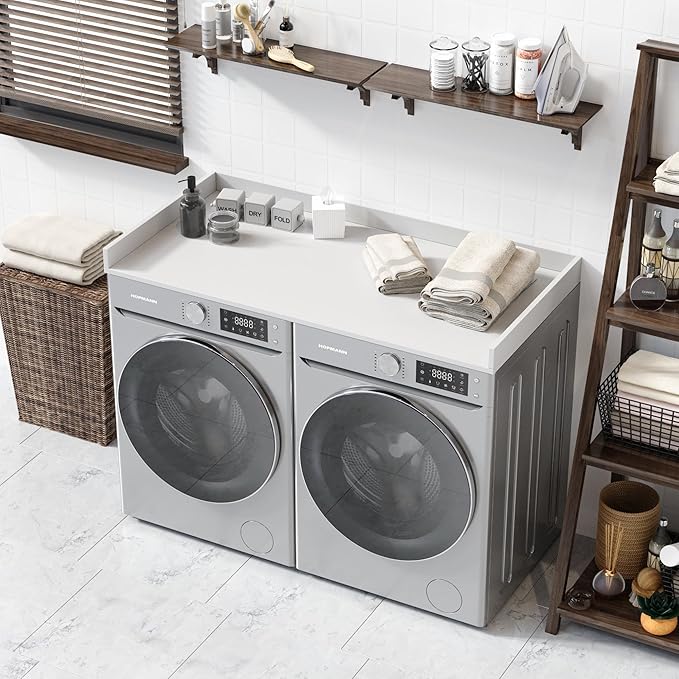 OfficeSimpli Washer Dryer Countertop, Made in USA, Non-Slip Pads, Easy Clean, Laundry Room Essentials and Decor, Washer Dryer Wood Top for Organization (Glacier White, Standard (27.5" x 54"))