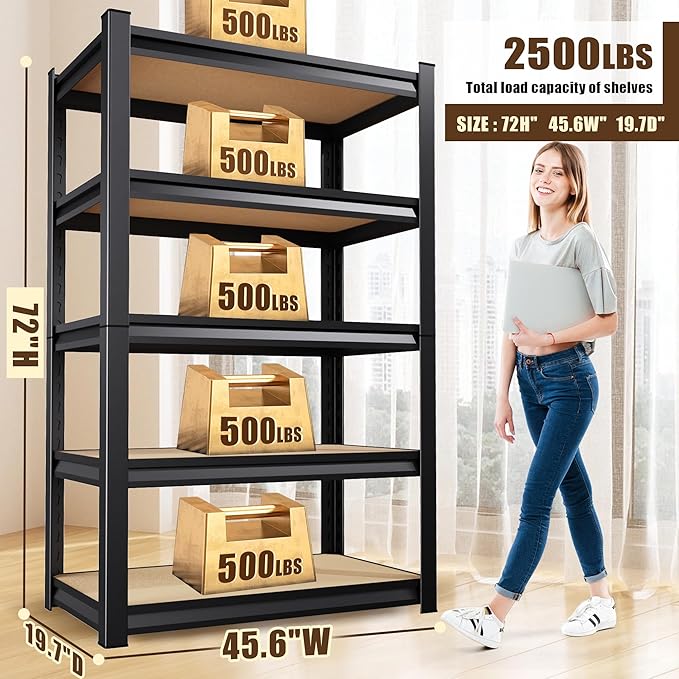 46" W Garage Shelving Heavy Duty Storage Shelves Adjustable Garage Shelves 5 Tier Metal Shelving Unit Utility Rack Shelf for Storage Warehouse Pantry (1, 72''H x 45.7''W×20''D)