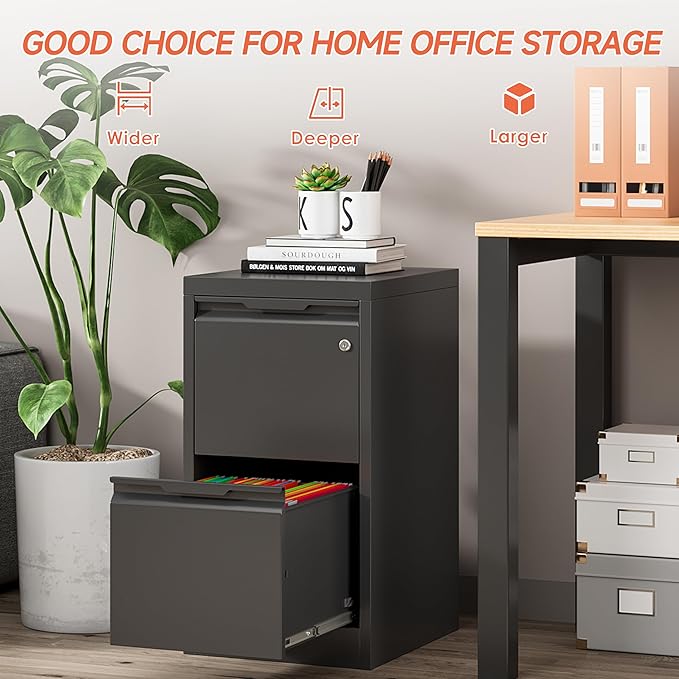 Metal Filing Cabinet With Lock, Vertical 2 Drawer Cabinet for Home Office/Legal/Letter/A4, Lockable for Hanging Files - Assembly Required/Black