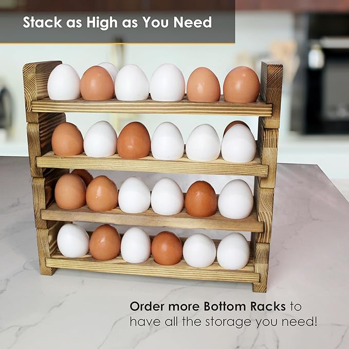 Expandable Stackable Wooden Egg Holder Countertop for 24 Eggs, Rustic Kitchen Decoration, Two-Piece Compact Egg Rack for Counter - Chicken Decor - Gui's Chicken Coop (Double Rack)