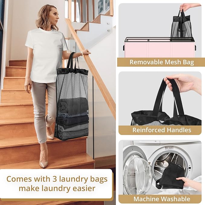 180L Laundry Hamper 3 Section, Large Laundry Basket with Lid, Laundry Basket Organizer with Handles, Pink Divided Laundry Baskets, Clothes Hampers for Nursery, Bedroom, Bathroom
