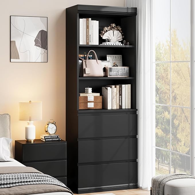 GarveeHome 70" Tall Bookcase with Drawers, Bookshelf w/ 3 Tier Open Shelves & 3 Storage Drawers, Modern Deep Storage Book Shelf Storage Cabinet Organizer for Living Room Office Library (Black-Q)