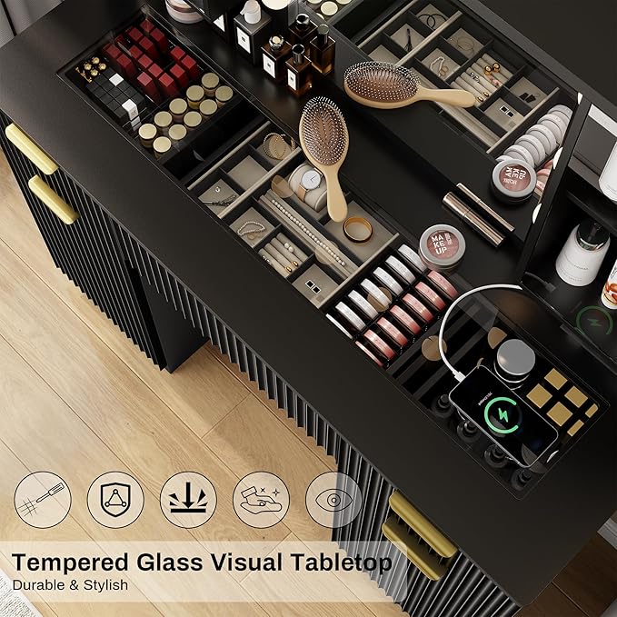 ONME 47.2" Fluted Makeup Vanity Desk with Mirror and Lights, Vanity with Chair, Modern Glass Top, Drawers & Adjustable Shelves, Dressing Table Set for Bedroom or Apartment