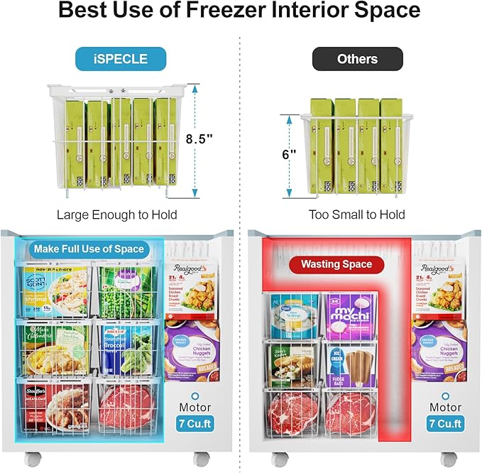 iSPECLE Freezer Organizer Bins - 4 Pack Adjustable & Extra Large Chest Freezer Organizer Bins for 5 to 9 Cu.Ft Deep Freezer, Easy Organize Basket Store More, Stackable No Wasted Space, White