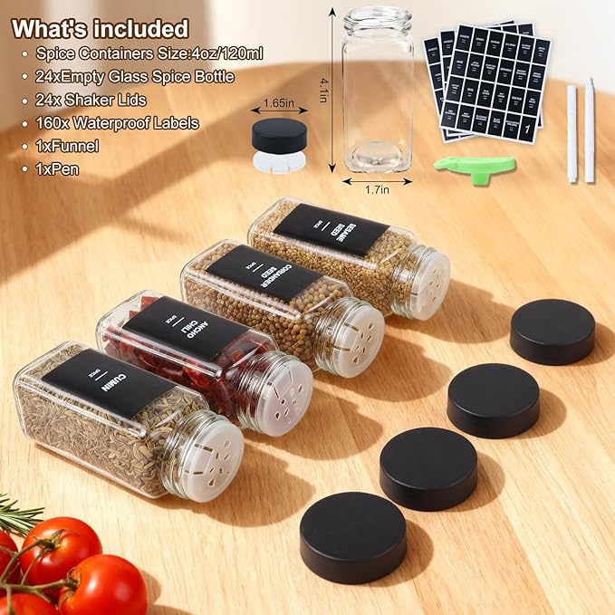 24Pcs Spice Jars Containers with Labels，4oz Black Seasoning Bottles with Shaker Lids for Rack, Cabinet, Drawer,Empty Square Condiment Pots (24, Black)