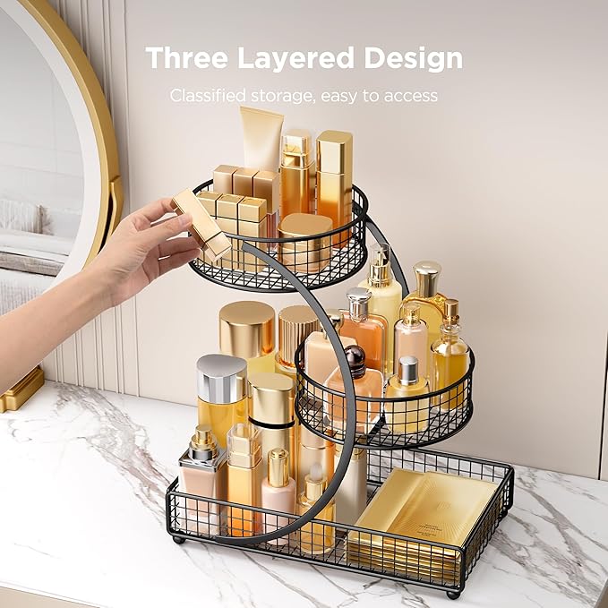 HBlife Makeup Organizer for Vanity, 3 Tier Metal Bathroom Countertop Organizers Skin Care Storage, Bathroom Counter Shelf Skincare Holder Perfume Cosmetic Display, Black