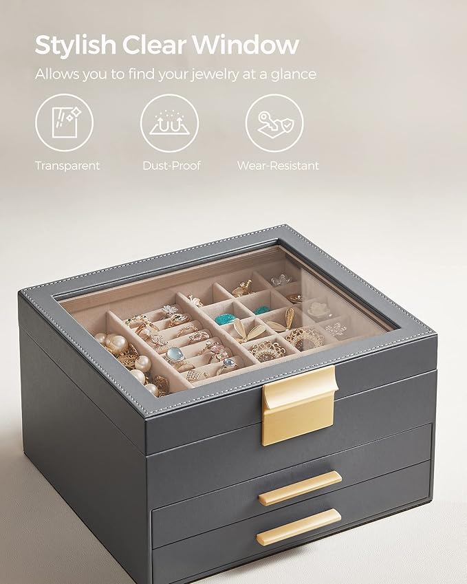 SONGMICS Jewelry Box Organizer with Glass Lid, 3-Layer Jewelry Storage, with 2 Drawers, Modern Style, Christmas Gift, 8 x 9.1 x 5.3 Inches, Interstellar Gray and Gold Color UJBC239G02