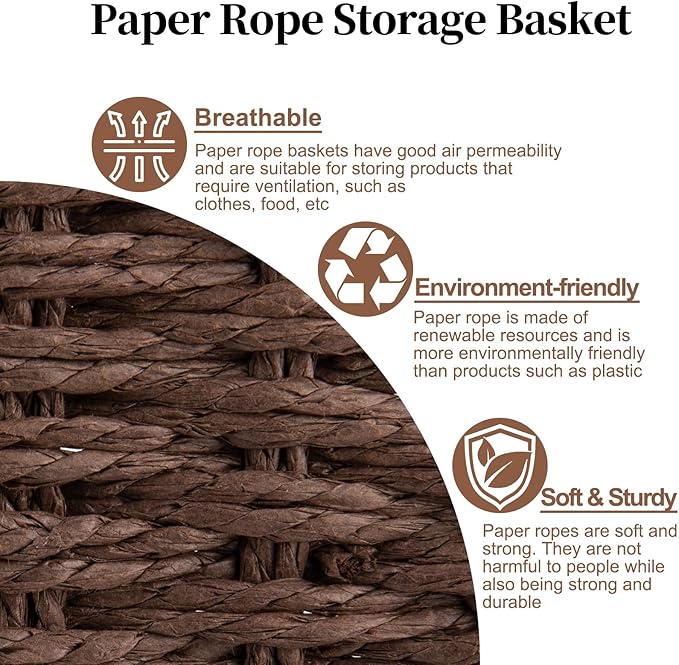 OIAHOMY Pantry Baskets for Organizing, Paper Rope Baskets with Built-in Handles, Wicker Storage Bins for Shelves, 2 Pack-Brown