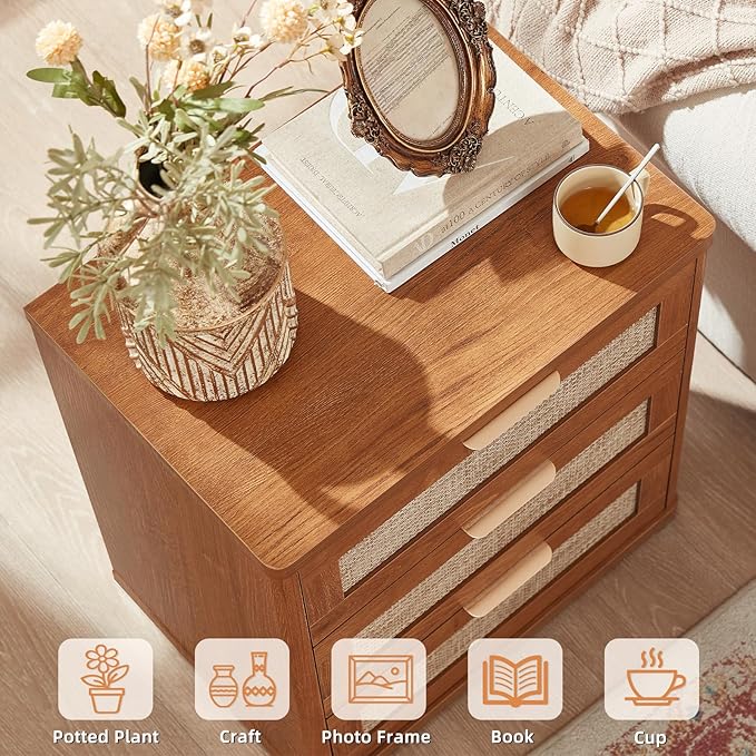 LEYAOYAO Rattan Night Stand Set of 2 with Drawers, 23" Large 3 Drawer Boho Nightstand, Natural Wood Bedside Table Storage Cabinet, Bed Side End Tables Dresser for Bedroom, Living Room, Hallway, Closet