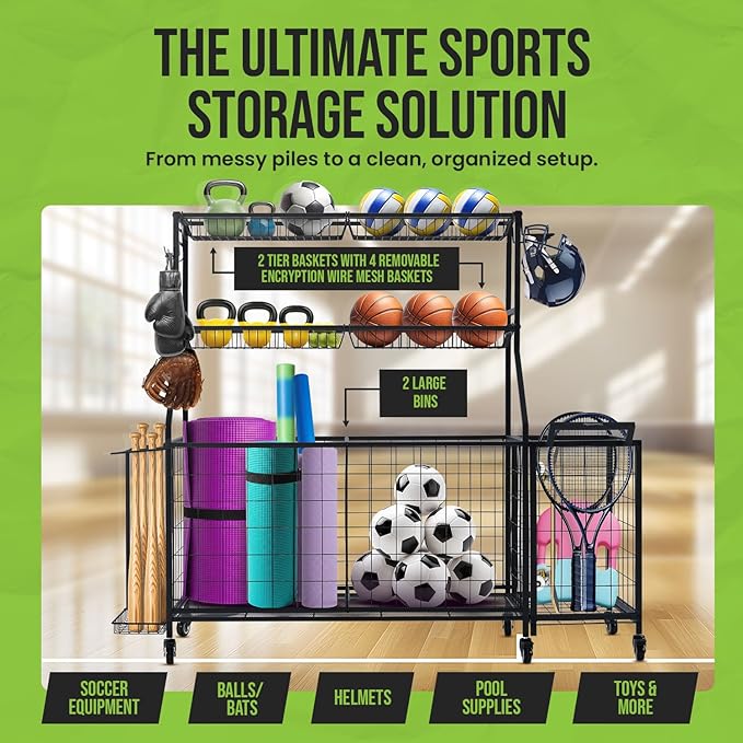 SpaceWise Sports Equipment Organizer – Garage Ball Storage Rack with Hooks, Baskets, Wheels & Detachable Portable Side Cart, Golf Organizer, Gym Equipment & Toy Storage Solution, Charcoal Finish