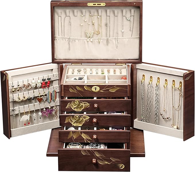 Hand-Painted Wooden Jewelry Boxes for Women - 8-Layer Large Lockable Jewelry Box with Compartments, Dresser Top Jewelry Organizer, Vintage Wooden Jewelry Storage