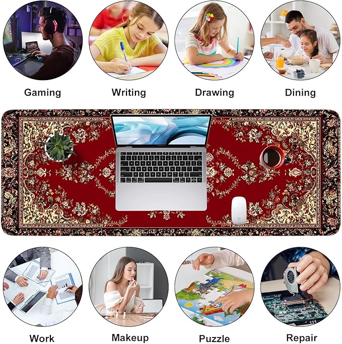 Red Vintage Persian Rug Mouse Pad – Large Extended Desk Mat 31.5 x 11.8 in– Oriental Carpet Design, Non-Slip Rubber Base, Waterproof Surface, Keyboard & Mouse Pad for Office, Gaming, Home