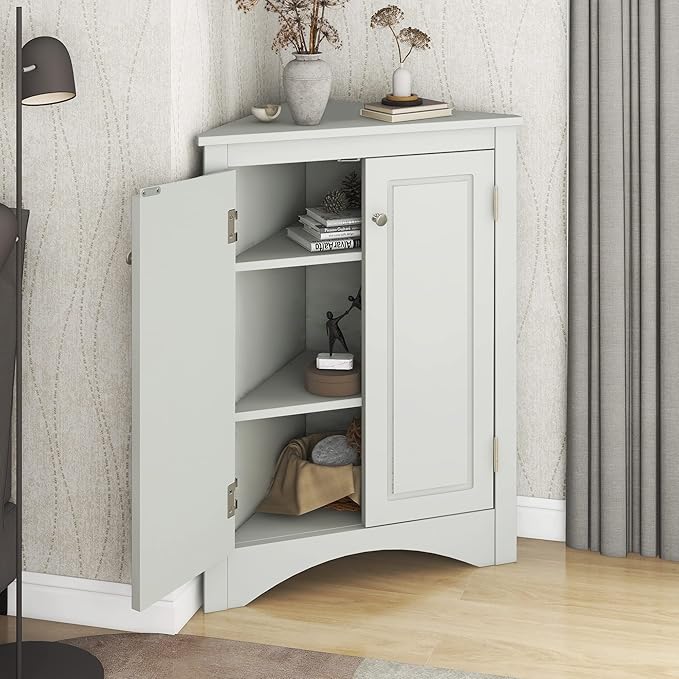 GDFStudio 31.5" H Triangle Corner Bathroom Storage Cabinet with Adjustable Shelves,Freestanding Floor Cabinet for Small Spaces,Water-Resistant Cabinet Modern Organizer for Home,Kitchen,Hallway, Grey