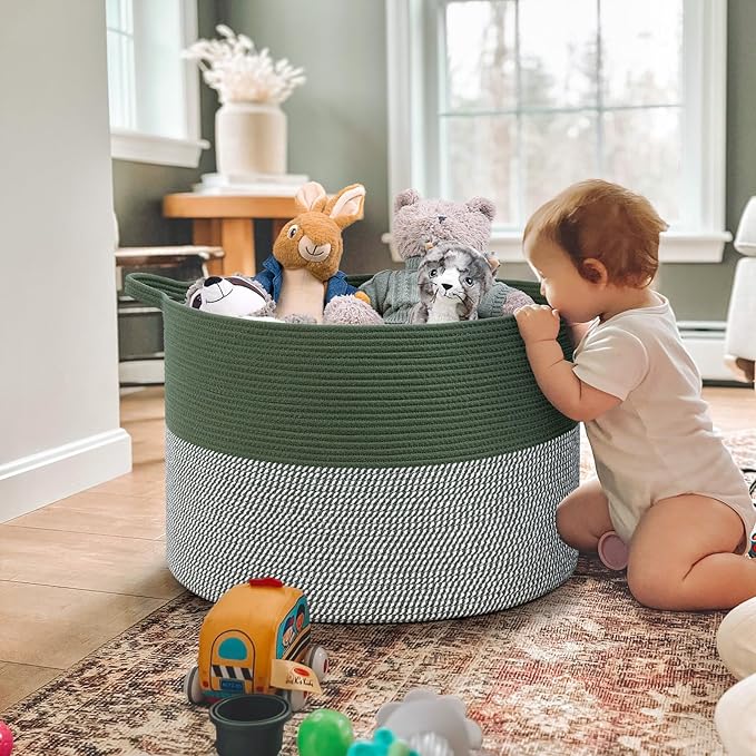 INDRESSME 115L Extra Large Cotton Rope Blanket Basket, Home Decor Laundry Storage Basket for Organizing Bedroom, Living Room, Nursery, Toy Storage for Colthes Towel, Green