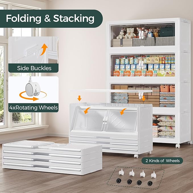 1100QT Extra Large Stackable Storage Bins with Lid, 275Gal Collapsible Closet Organizer Box with Wheels, Folding Plastic Storage Cabinet with Doors for Home Kitchen Office Dorm, 5Pack White