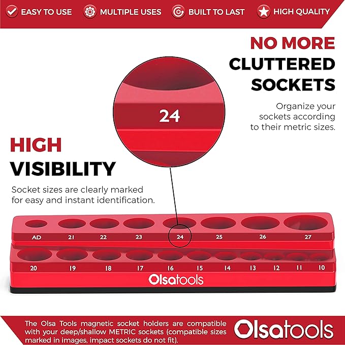 Olsa Tools Magnetic Socket Holder - 1/2-Inch Drive - Metric - Red - Holds 19 Sockets - Professional Quality Organizer - Part: 1299