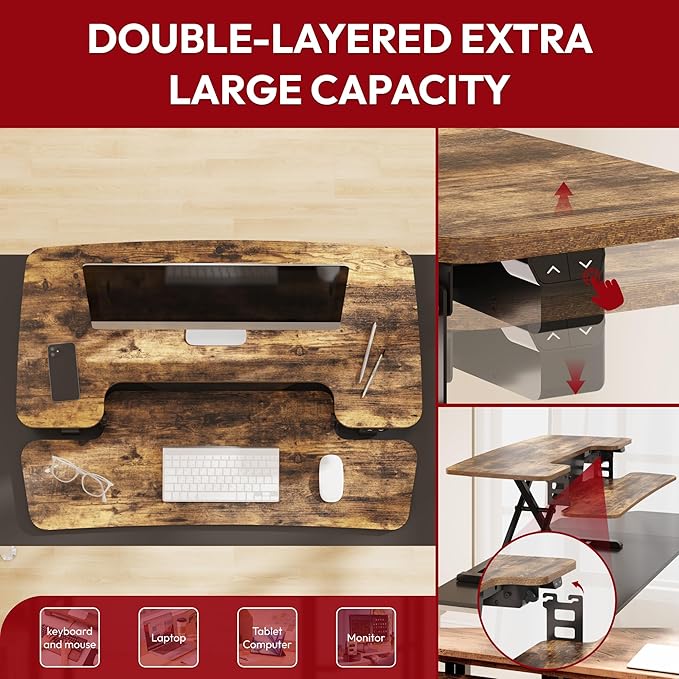 SANODESK Standing Desk Converter with Electric Motor 40" Height Adjustable Riser for Office Home,Dual Monitor and Laptop Workstation with Large Keyboard Tray, Rustic Color