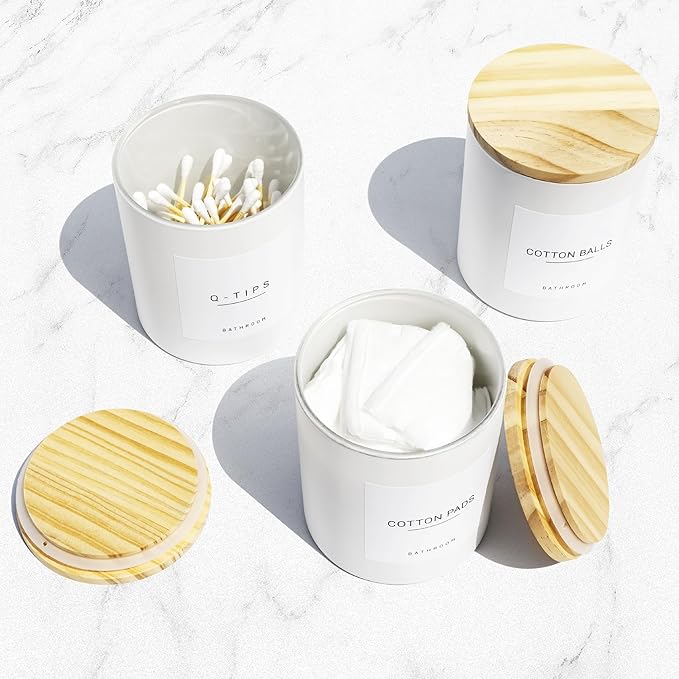 3PCS Farmhouse 13.53oz White Bathroom Canisters with 12 Labels & Wooden Lid Thick Glass Jar Set Qtip Holder for Cotton Ball & Pads Storage Organization Minimalist Decor
