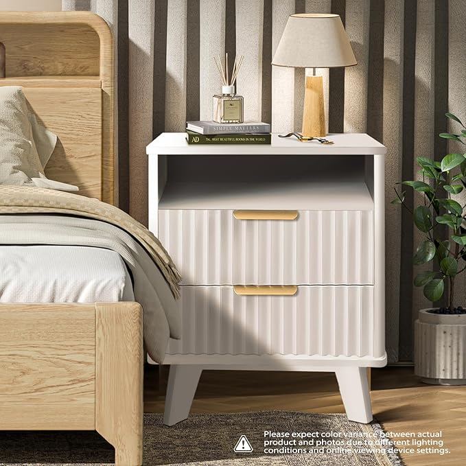 Fluted Nightstand - 24" Modern Bedside Table w/ 2 Drawers, Wood Bed Side End Table with Open Shelf, Night Stand with Storage Drawer, Curved Design Night Stands for Bedroom Living Room (White)
