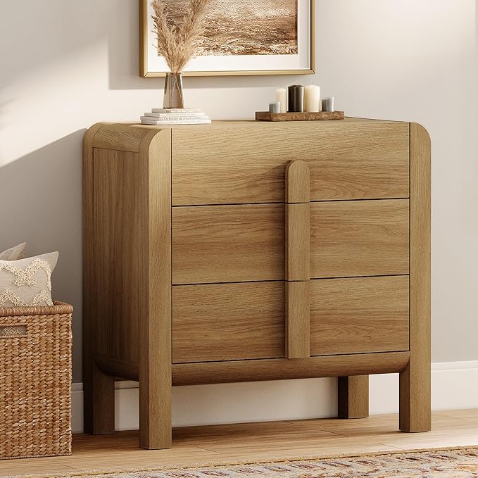 WAMPAT 3 Drawer Dresser for Bedroom, 31.5" Wide Mid Century Modern Wide Chest of Drawer, Wood Tall Nightstand with Curved Edge Handles, Closet Dresser TV Stand for Bedroom, Light Walnut