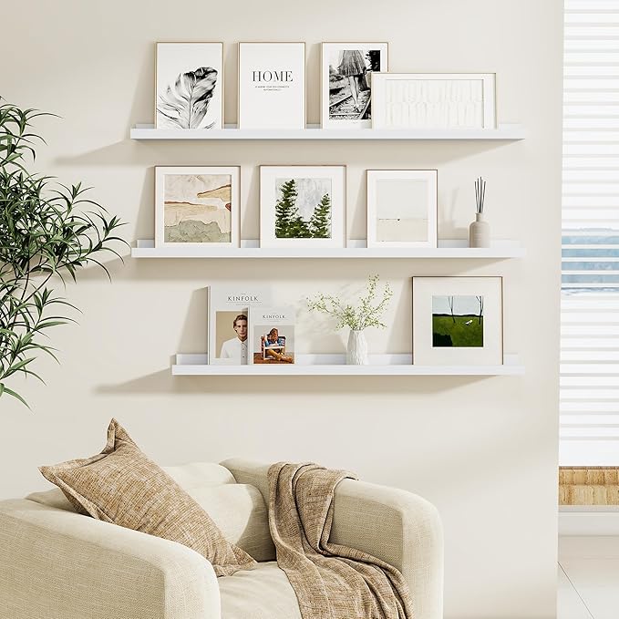 Fun Memories Picture Ledge Shelf, White Floating Shelves Set of 4, 32 Inch Picture Shelves for Wall with Ledge, Large Nursery Book Shelf for Toys Storage, Living Room, Bedroom Decor Frames